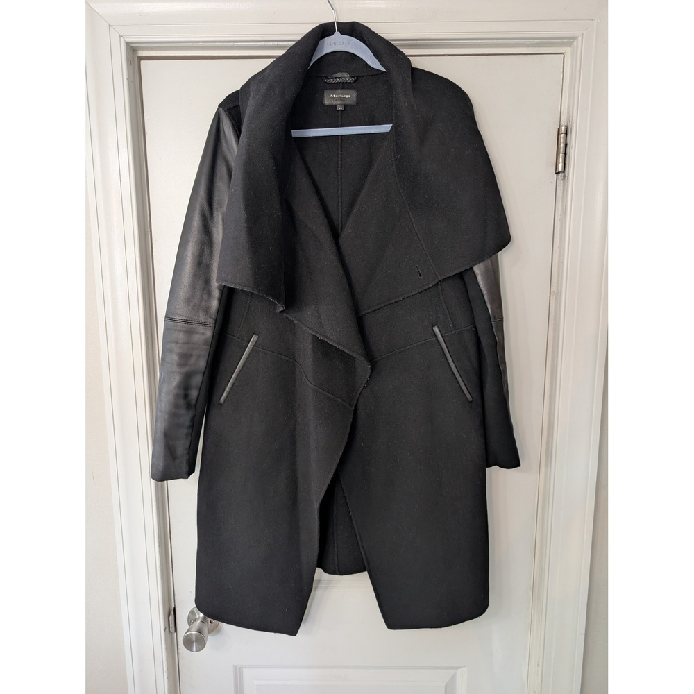 Mackage Davina Black Wool Coat Genuine Lambskin Leather Sleeves Womens‎ Medium